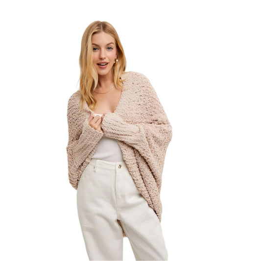ALMOND COLORED CHUNKY POPCORN KNIT OPEN FRONT SWEATER DOLMAN SLEEVED CARDIGAN BY BLUIVY
