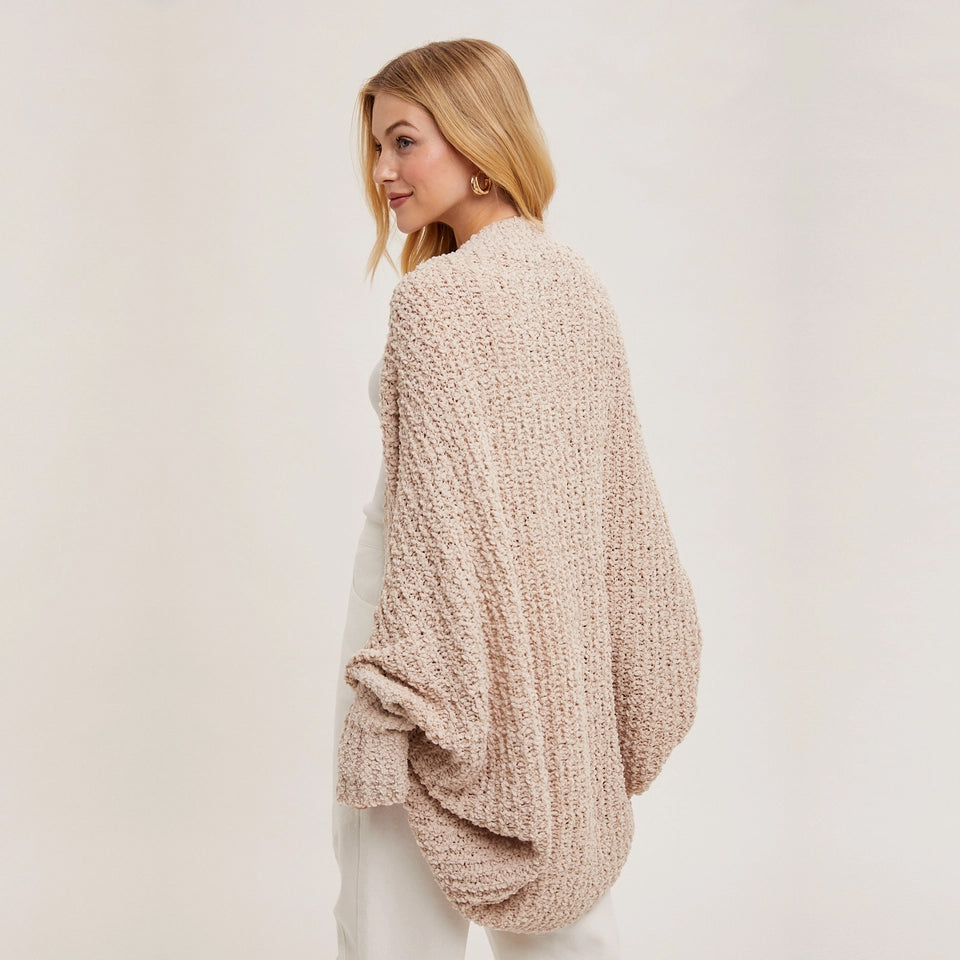ALMOND COLORED CHUNKY POPCORN KNIT OPEN FRONT SWEATER DOLMAN SLEEVED CARDIGAN BY BLUIVY