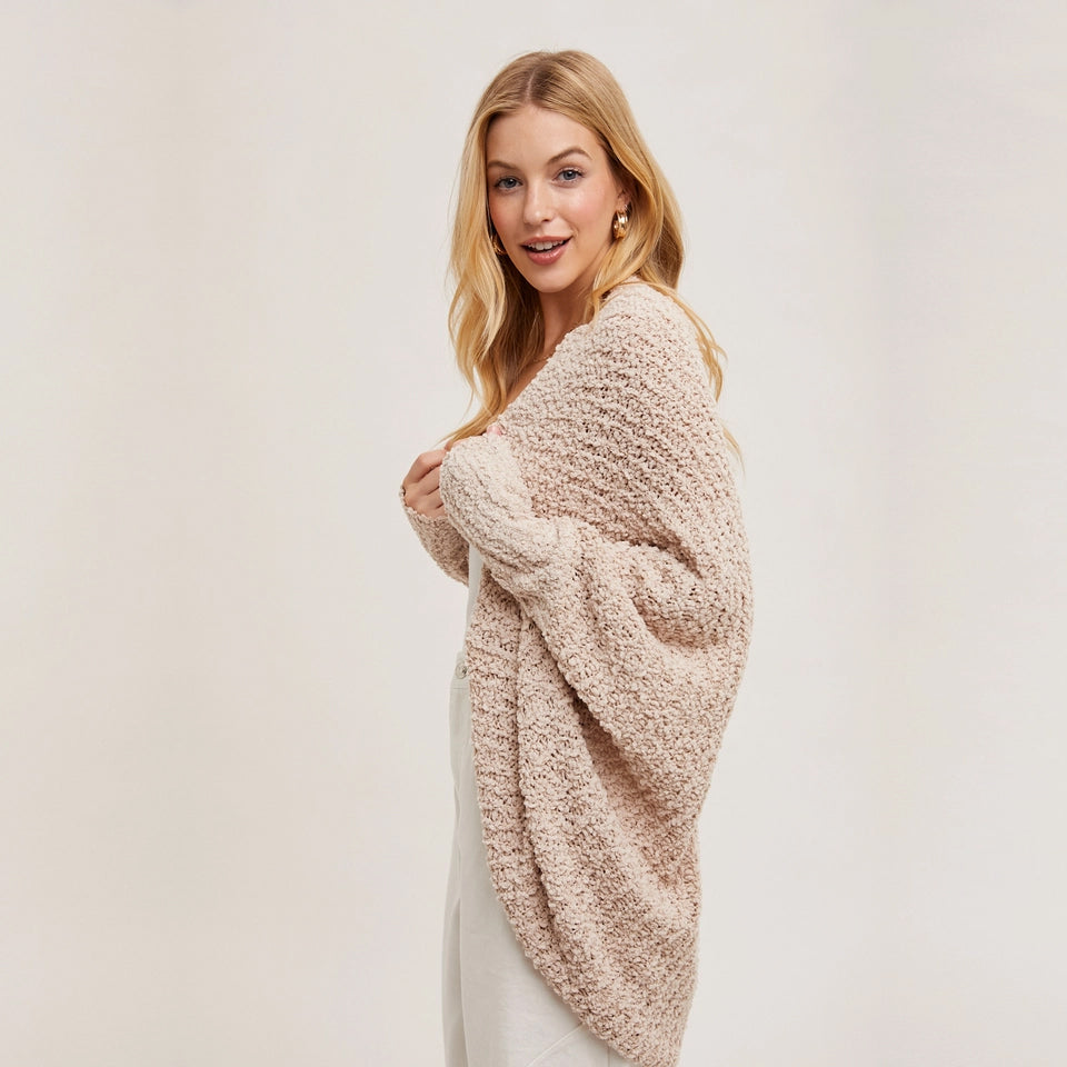 ALMOND COLORED CHUNKY POPCORN KNIT OPEN FRONT SWEATER DOLMAN SLEEVED CARDIGAN BY BLUIVY