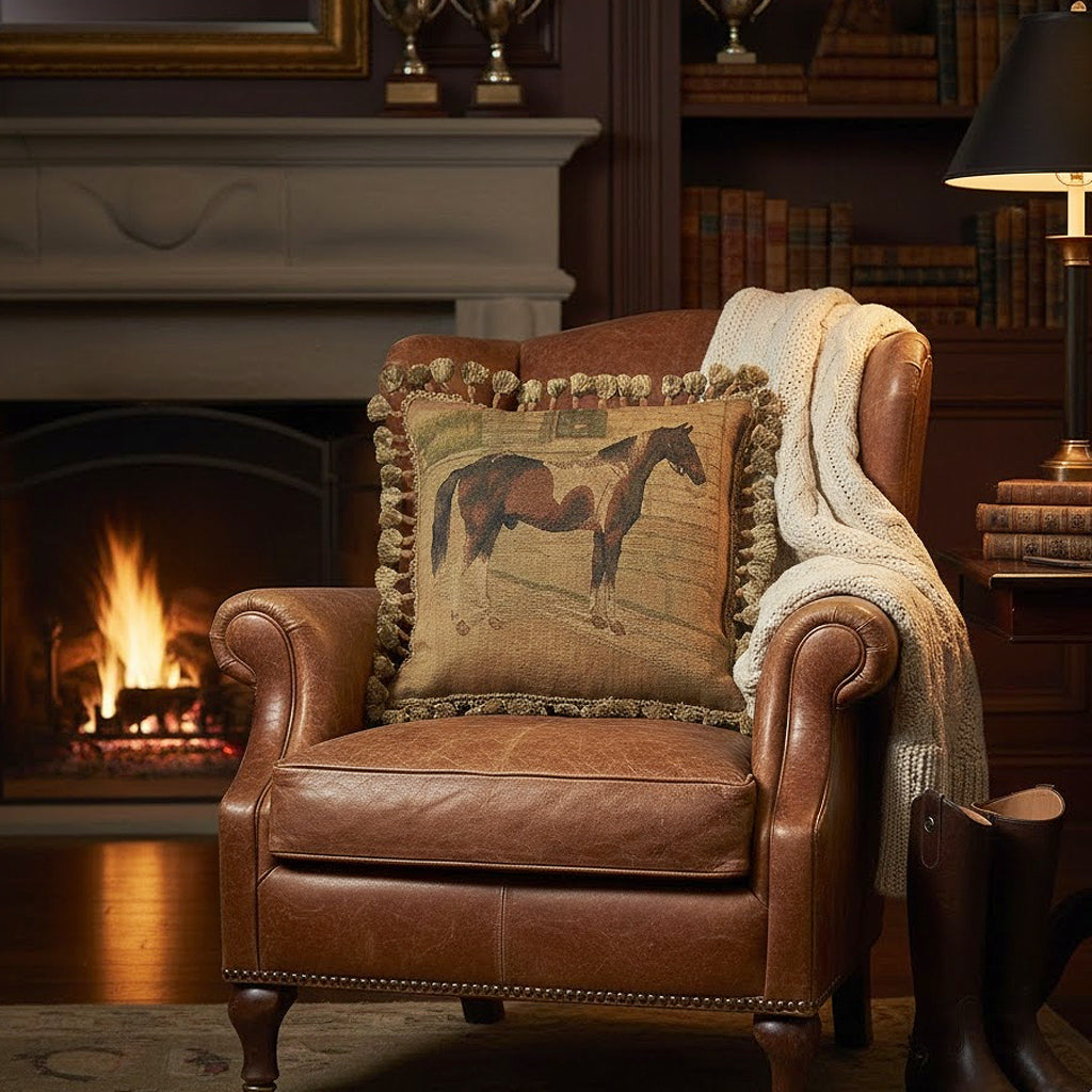 Provence Home Antique Reproduction Hand-Woven Wool Tapestry Pillow with an Equestrian Horse Motif set in a rustic library on a leather arm chair.