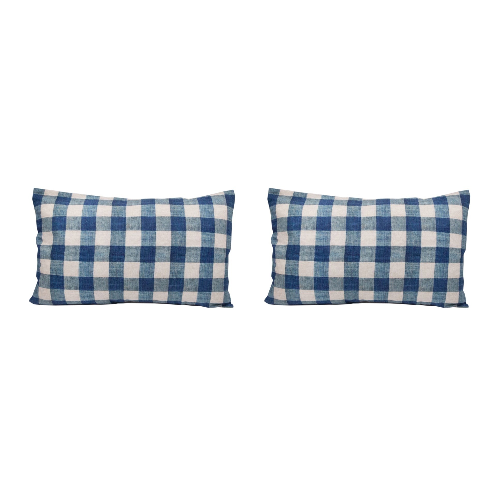 PAIR OF LARGE 16 x 24 LINEN PILLOW CUSHIONS - CARREAUX INDIGO PATTERN - DESIGNED AND MADE IN PARIS BY ANTOINETTE POISSON