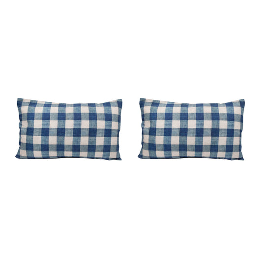 PAIR OF LARGE 16 x 24 LINEN PILLOW CUSHIONS - CARREAUX INDIGO PATTERN - DESIGNED AND MADE IN PARIS BY ANTOINETTE POISSON