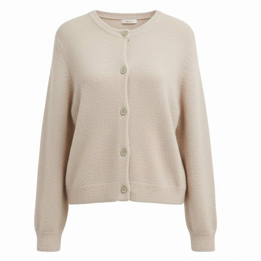 BEIGE SUPER FINE ALPACA SHORT BUTTON CREW NECK CARDIGAN BY NAIS PARIS