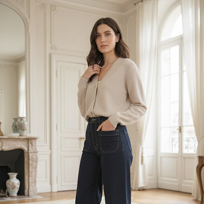 BEIGE SUPER FINE ALPACA SHORT BUTTON CREW NECK CARDIGAN BY NAIS PARIS