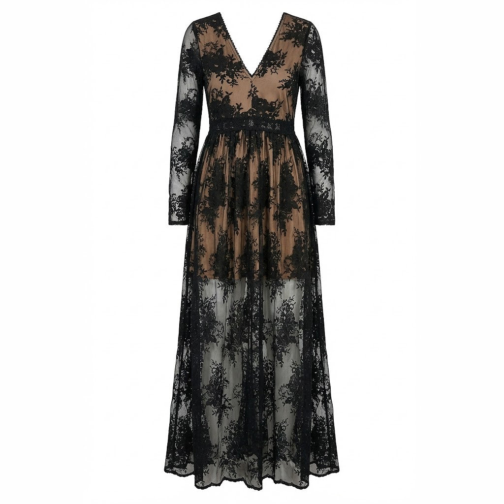 Long-sleeve dress with black and brown floral pattern on a white background