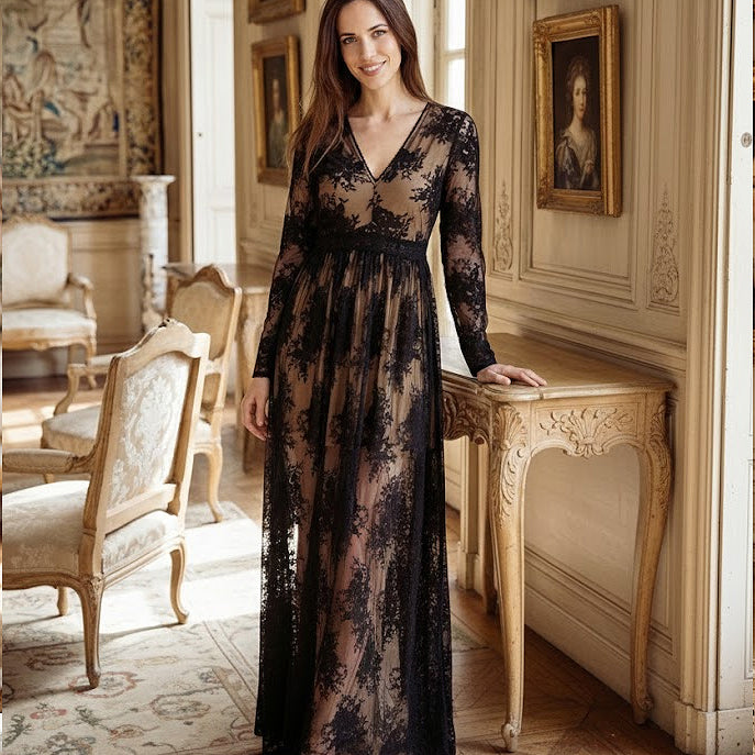 BOHO FLORAL BLACK LACE V-NECK MAXI DRESS WITH LINING