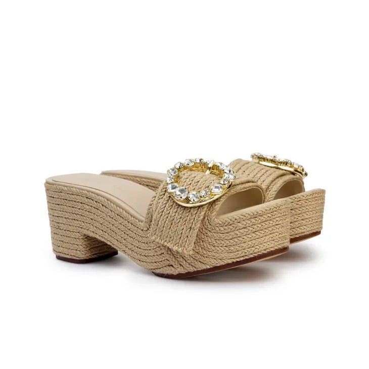 TOASTED JUTE PLATFORM STYLE SHOE BY BALTARINI WITH CRYSTAL EMBELLISHED BUCKLE
