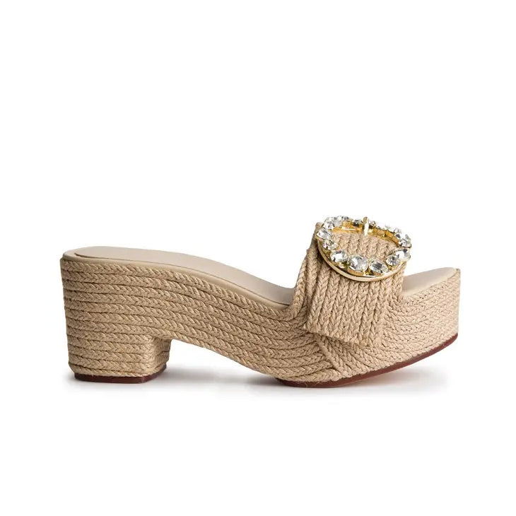 TOASTED JUTE PLATFORM STYLE SHOE BY BALTARINI WITH CRYSTAL EMBELLISHED BUCKLE