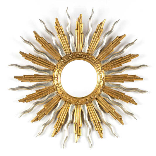 Beautiful Gold and Silver mid-Century Giltwood Vintage Sunburst Mirror
