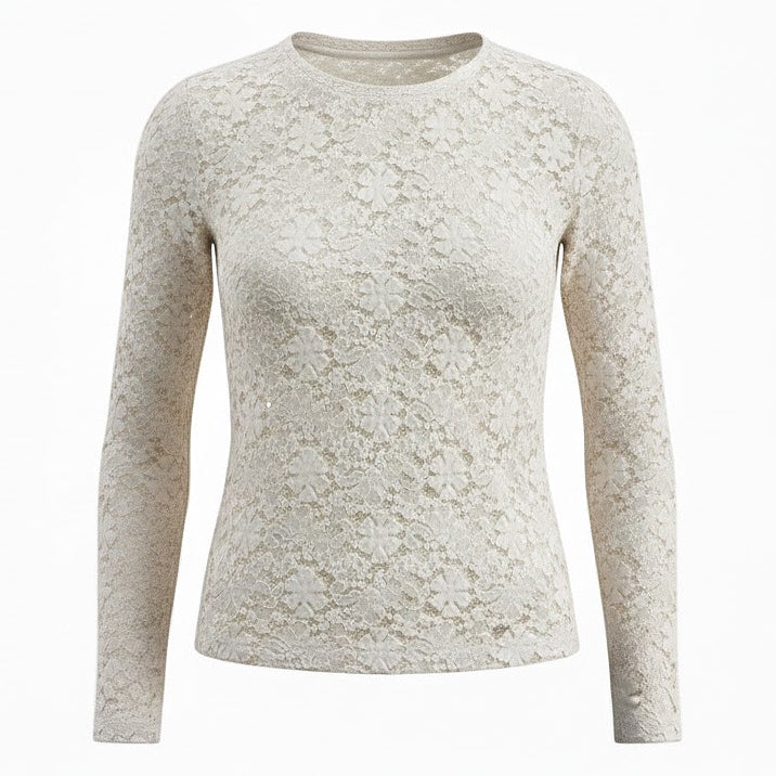 Ivory sheer lace crew neck blouse with intricate floral pattern