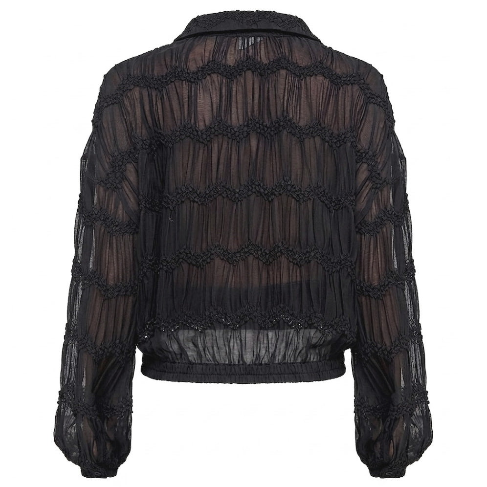 Black sheer blouse with ruffled horizontal bands and a dotted Swiss pattern.