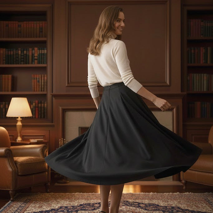 A woman twirling in a black pleated cotton midi skirt, showcasing the romantic movement and full volume of the heritage-style fabric in a sophisticated library setting.
