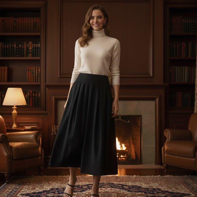 Full-length view of a black 100% cotton midi skirt with deep pleats, styled with a cream sweater in a classic study with a fireplace, emphasizing heritage materials and classicism.