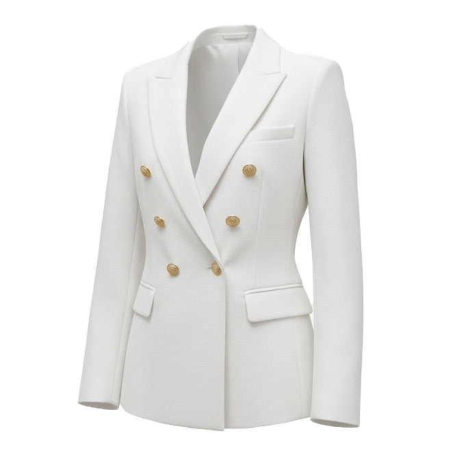 3D product photography of a women's white double-breasted blazer with gold embossed buttons against a clean white background