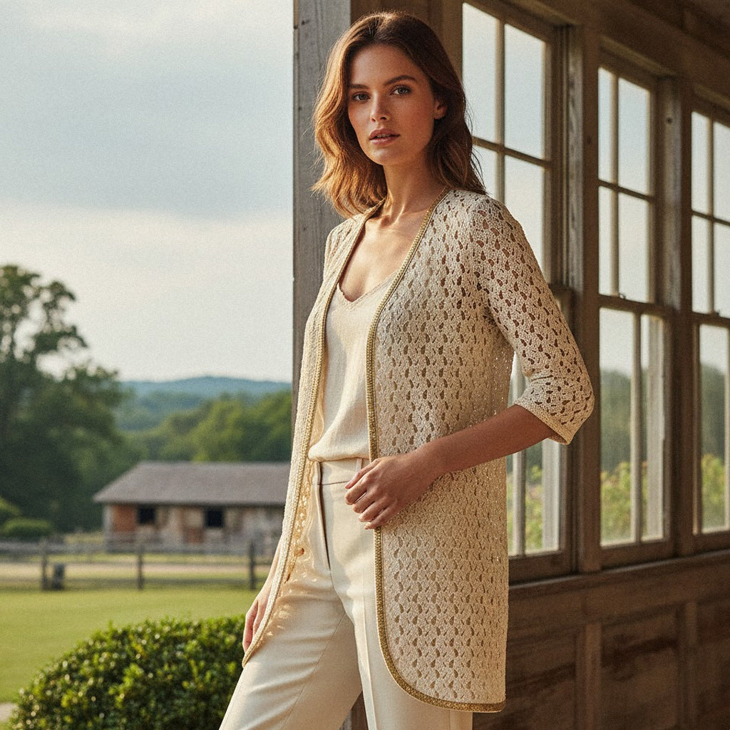 Woman wearing a beige crochet cardigan and pants standing in a rustic setting with greenery and a building in the background.