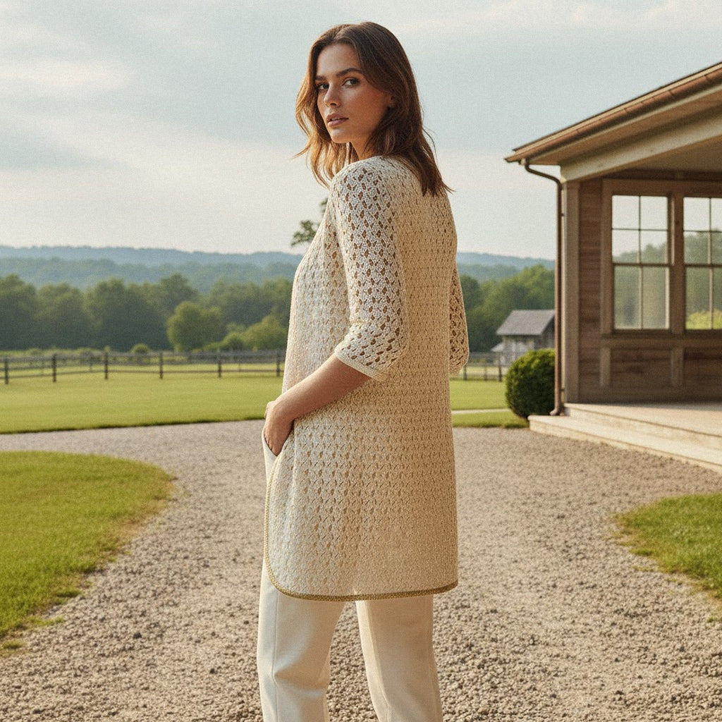 CROCHET MESH MID-LENGTH VEST IN ECRU WITH GOLD ORNAMENTAL TRIM BY CHOKLATE PARIS