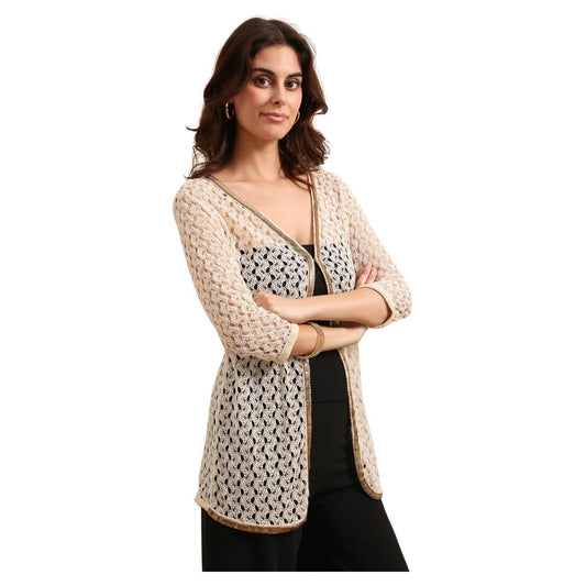 CROCHET MESH MID-LENGTH VEST IN ECRU WITH GOLD ORNAMENTAL TRIM BY CHOKLATE PARIS