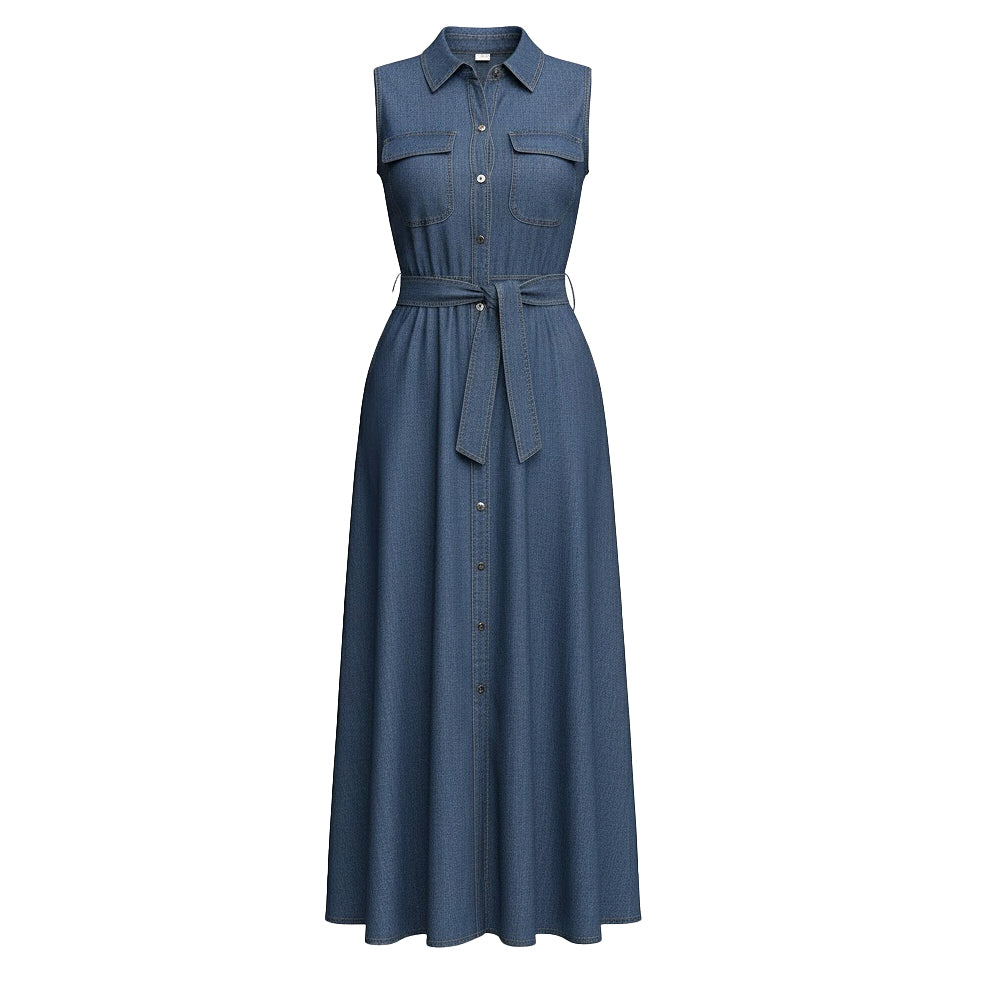 Sleeveless blue denim maxi dress with button-down front and waist tie belt on white background