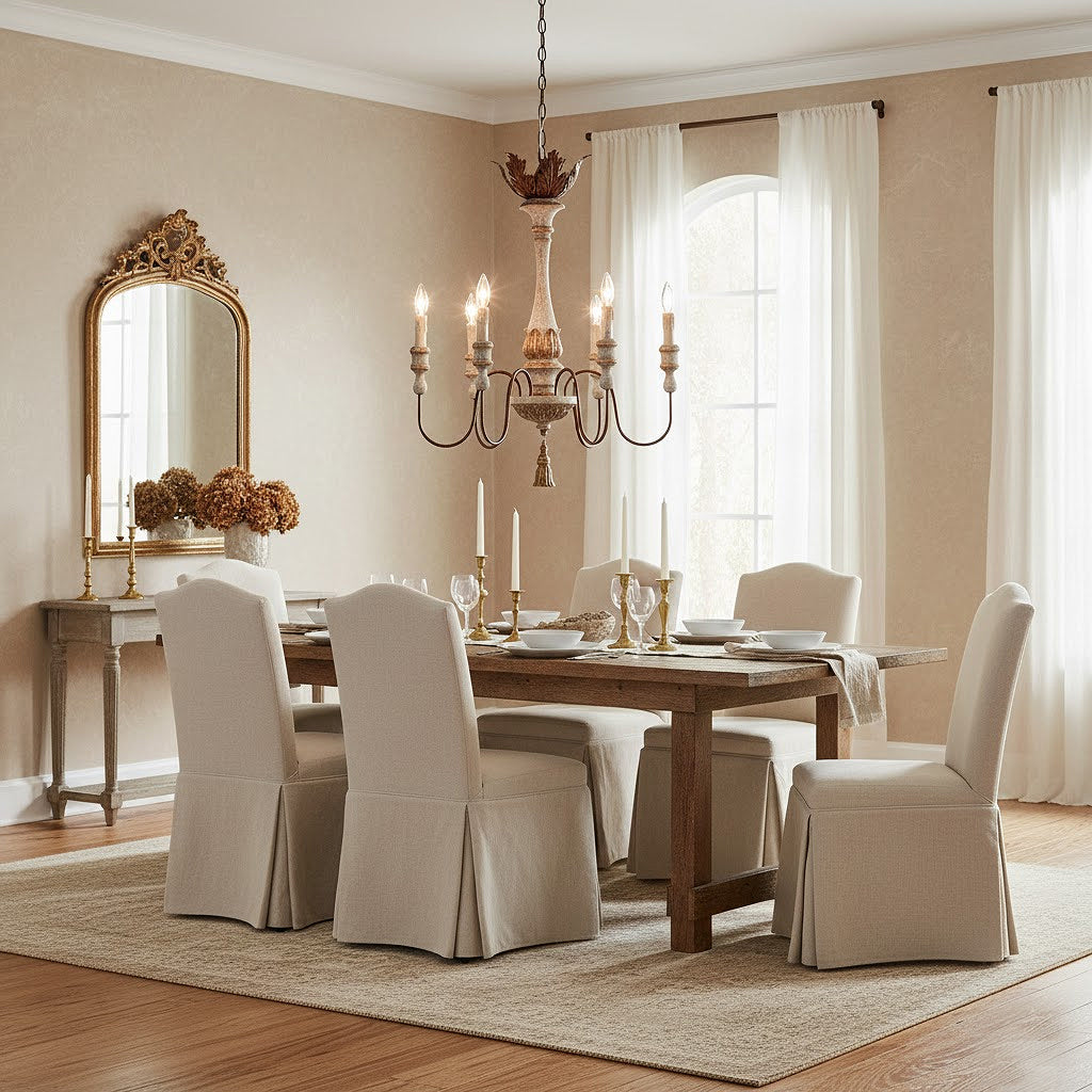 Calandra Chandelier by Terracotta Designs featuring an European style antiqued white wash and bronze gold finish shown in a French Country designed estate home.