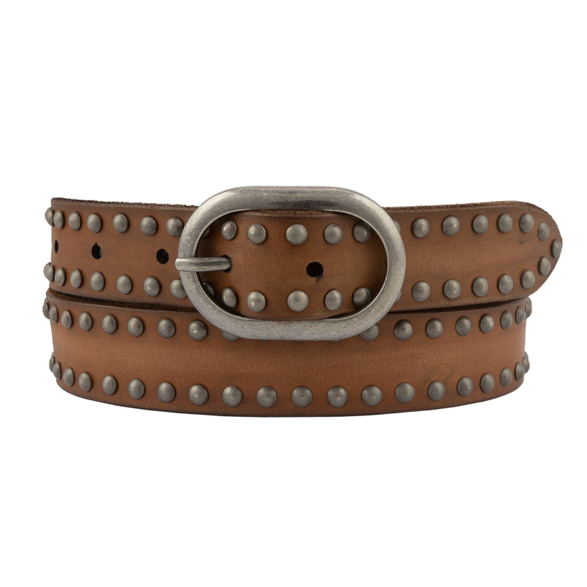 Fashionable Camel Toned Leather with Antiqued Pewter Tone Studs and Buckle