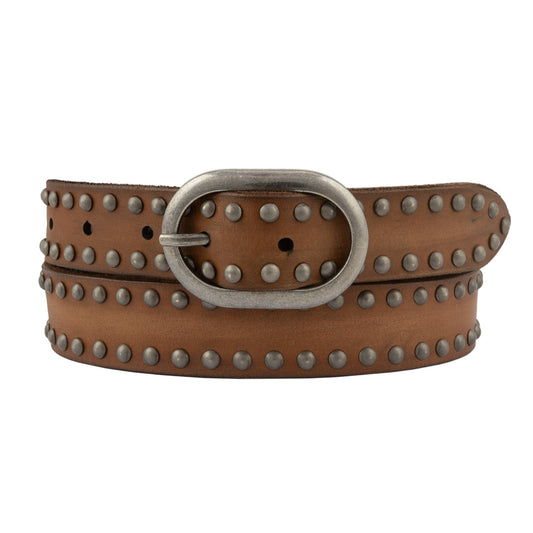 Fashionable Camel Toned Leather with Antiqued Pewter Tone Studs and Buckle