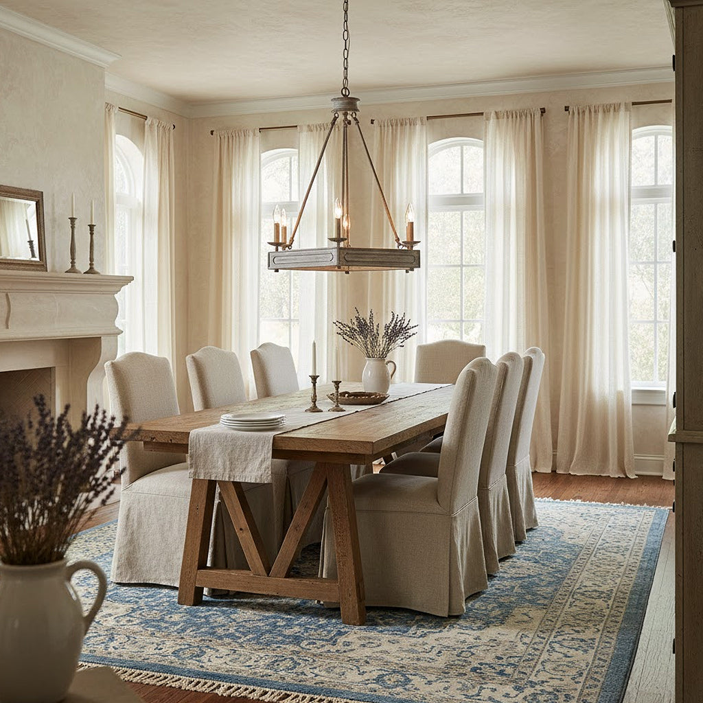Charlotte Chandelier by Terracotta Designs with a weathered finished and hexagonal suspended chandelier with 6 lights in a French Country Dining room.