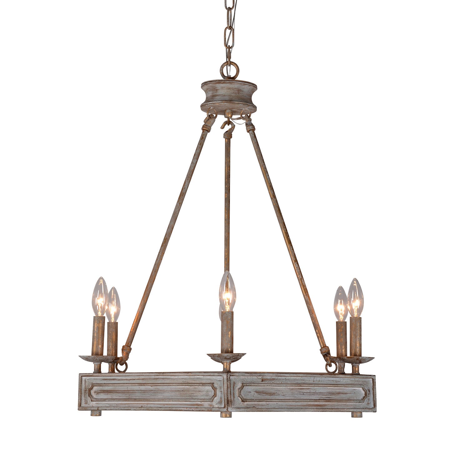 Charlotte Chandelier by Terracotta Designs with a weathered finished and hexagonal suspended chandelier with 6 lights