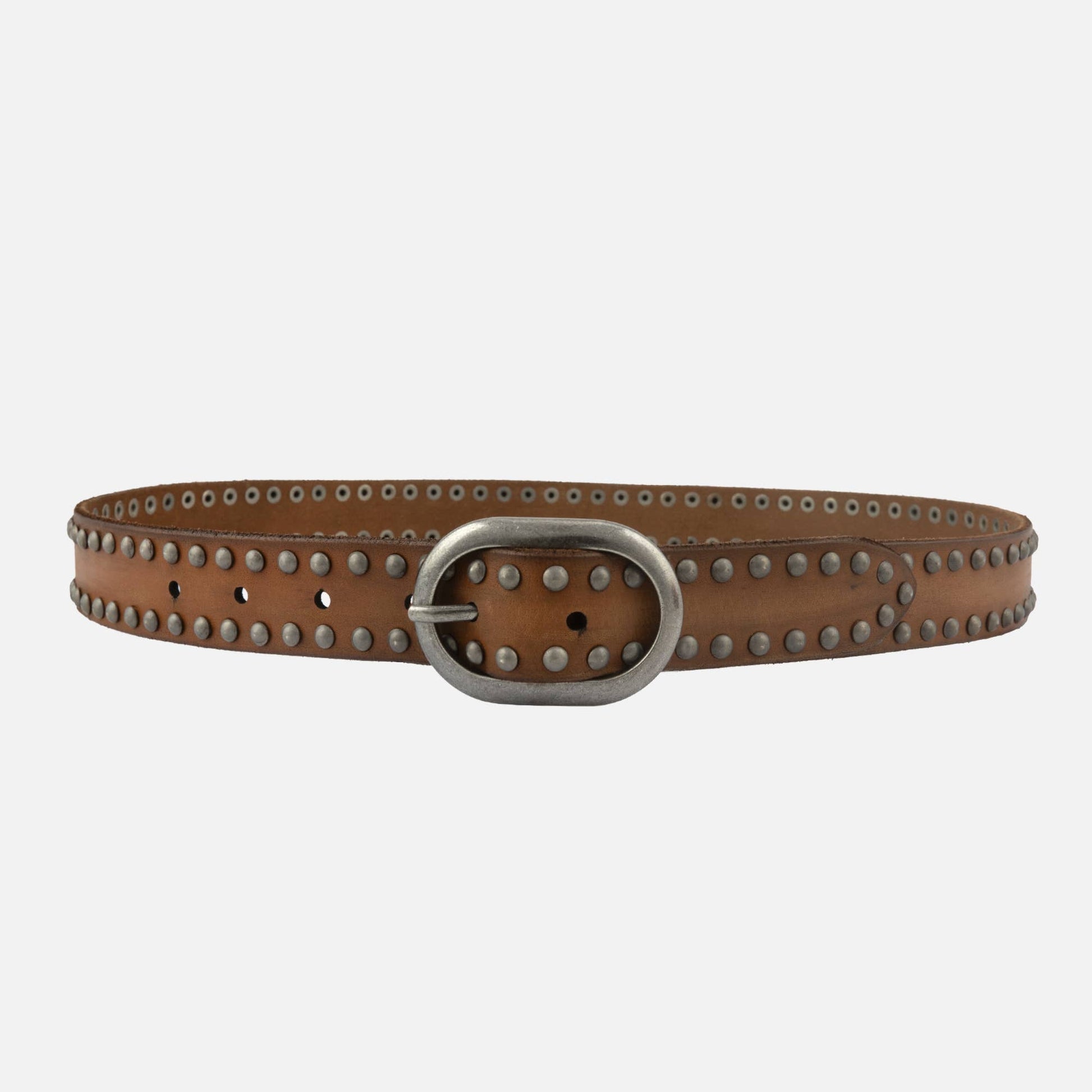 Brown leather belt with studs on a white background