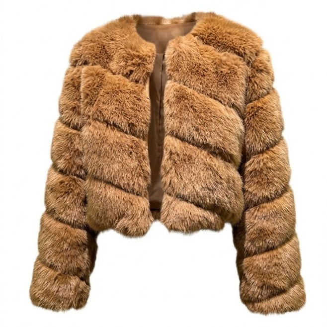 CAMEL COLORED CROPPED FAUX FUR JACKET BY CHOKLATE PARIS