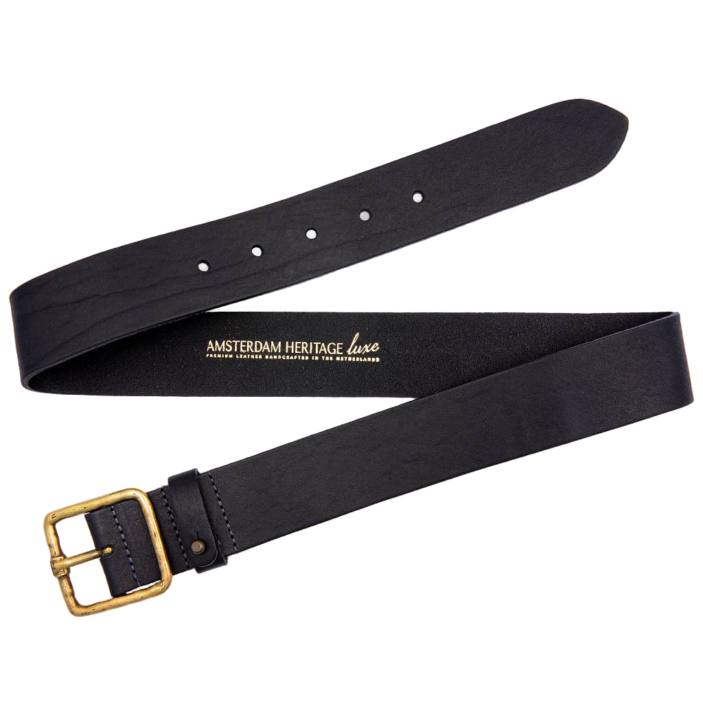 Black leather belt with gold buckle on a white background, featuring 'Amsterdam Heritage luxe' branding.
