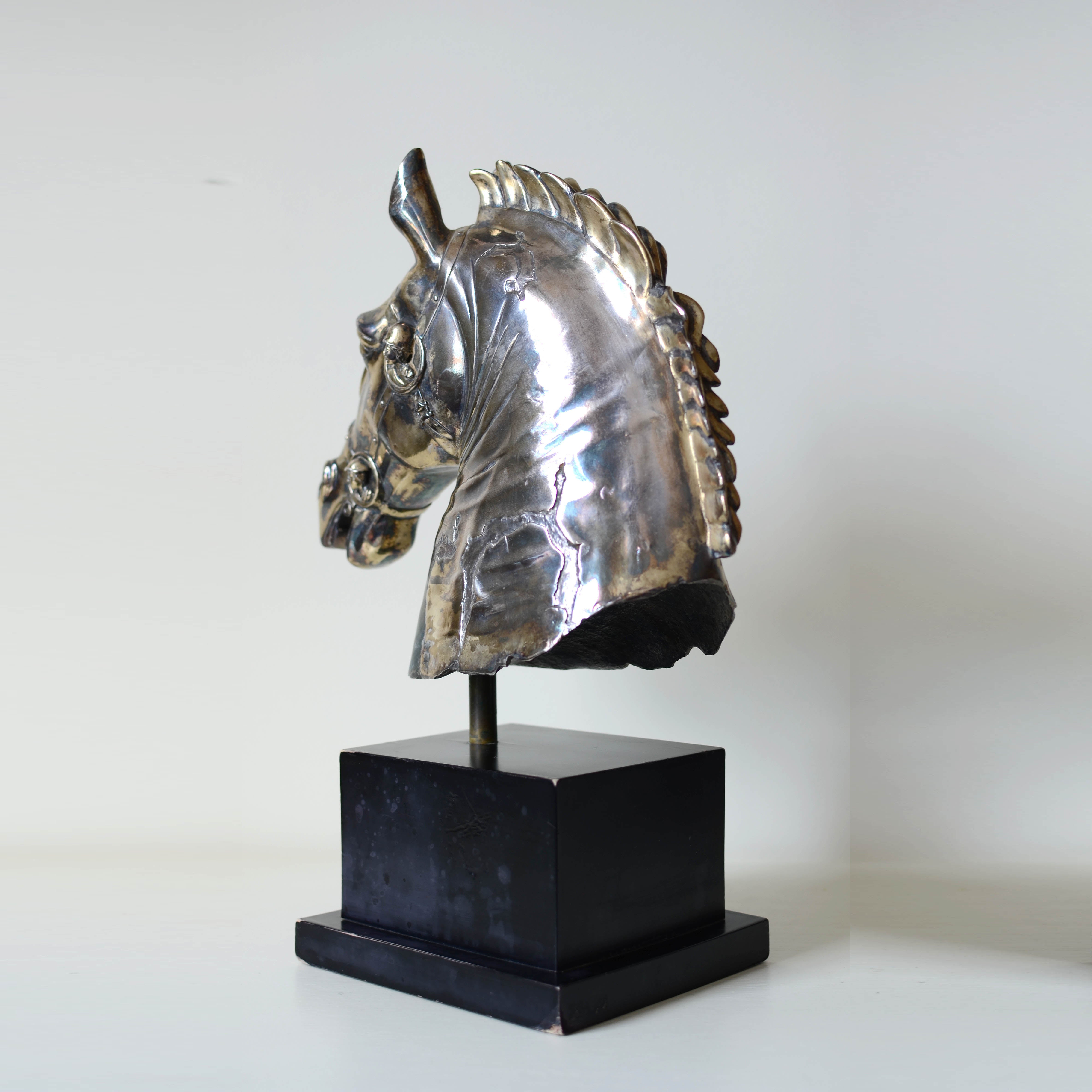 Silver Equestrian Etruscan Military Roman Horse Bust on Ebony Wood Base