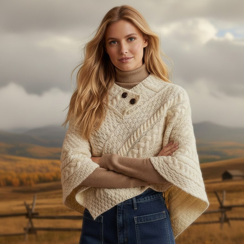 Sophisticated woman wearing a cream heritage Merino wool poncho with football button detailing in a classic rural setting.