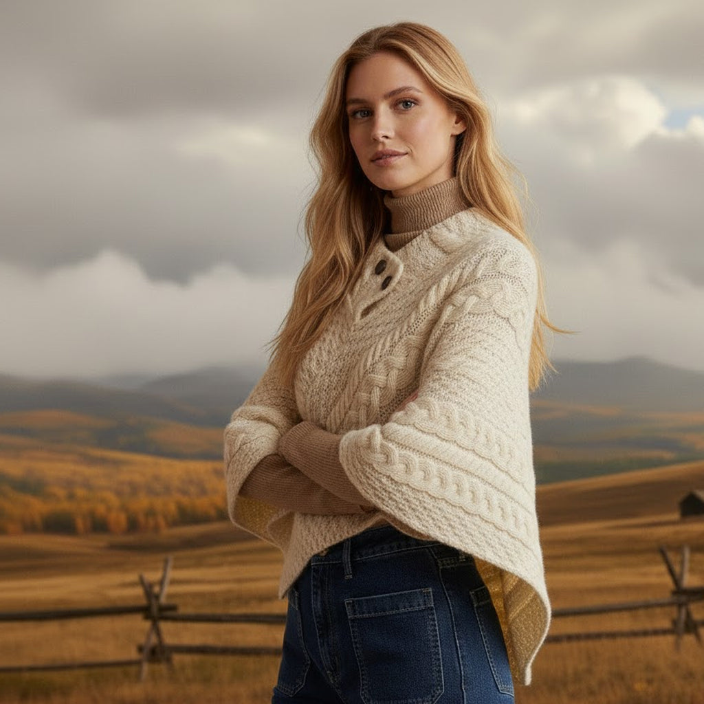 Elegant cream Irish knitwear poncho for women styled with a tan turtleneck and denim for a refined preppy look.