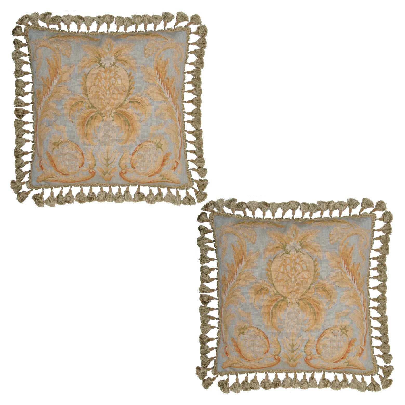 Provence Home DL124B Pair of Hand-Woven Aubusson Wool Pillows in Light Blue & Beige Vegetal Motif.