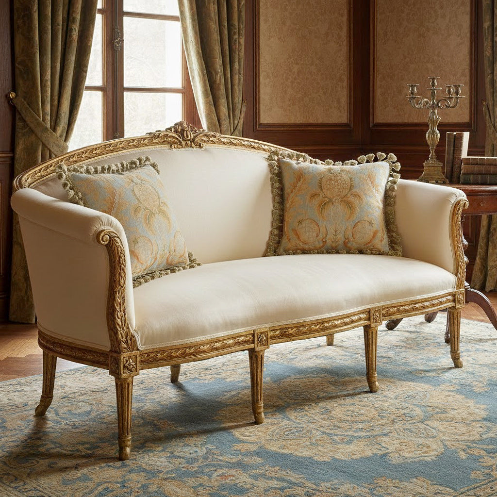 Decorative Louis XVI sofa settee with ornate gold frame in a room with patterned rug and Provence Home aubusson tassel pillow cushions. 