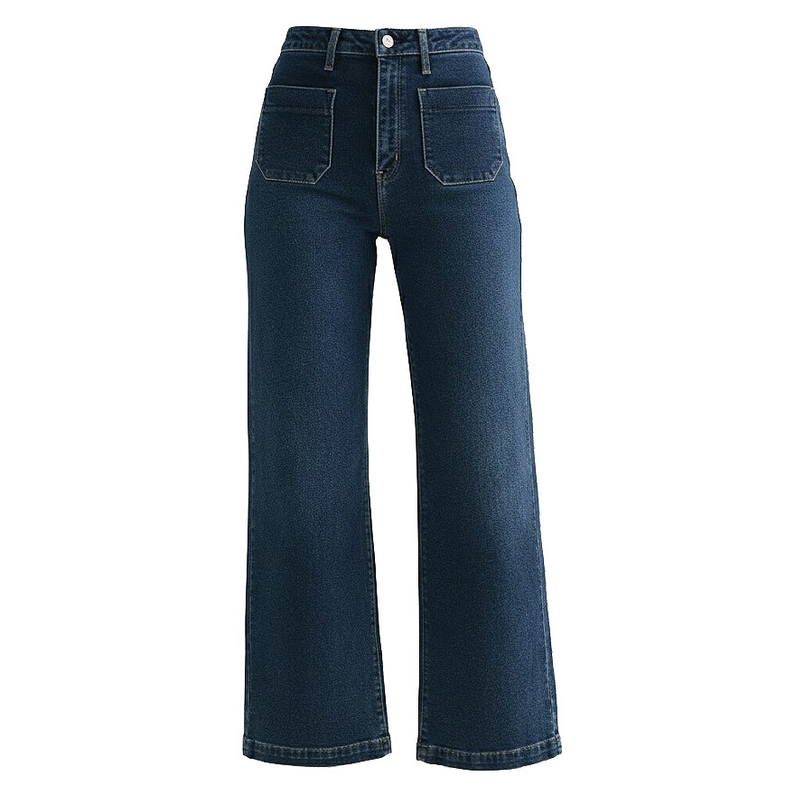 Front view of dark wash denim wide leg jeans for women featuring retro-inspired front patch pockets and a high-waisted fit