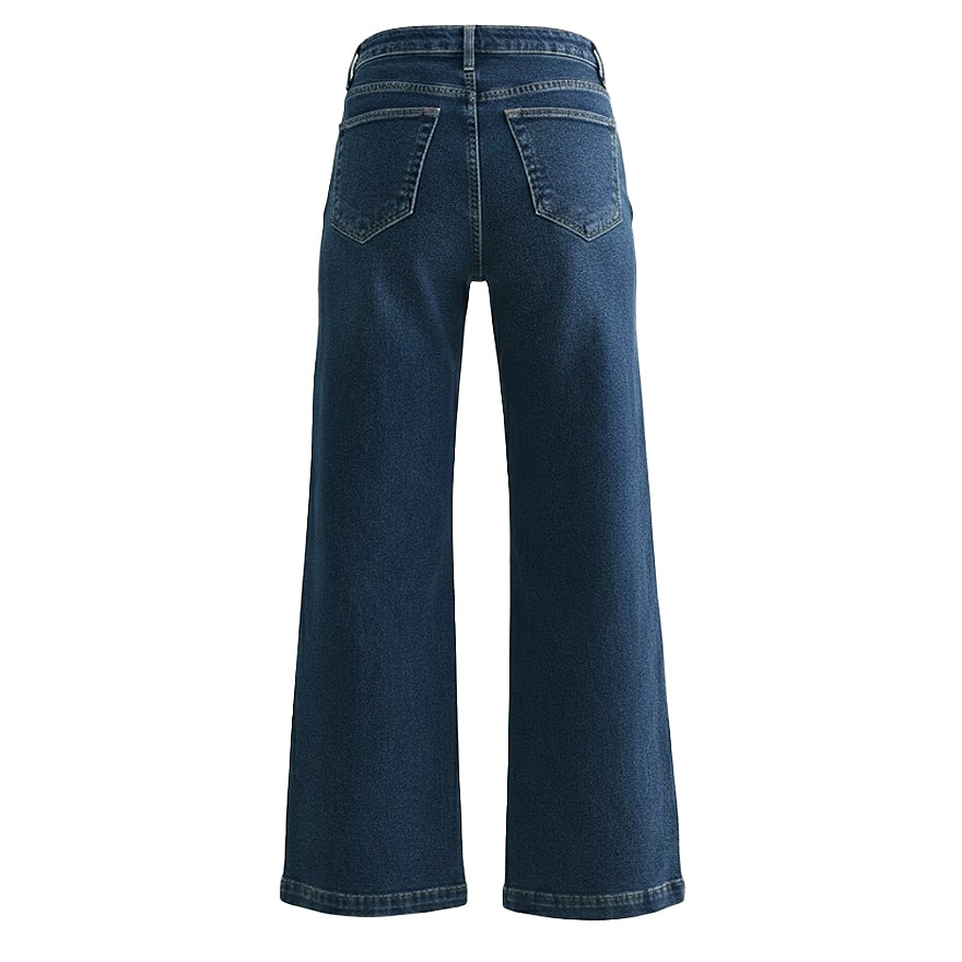 Rear view of USA-made dark blue wide leg flare jeans showing classic pocket placement and premium denim construction.