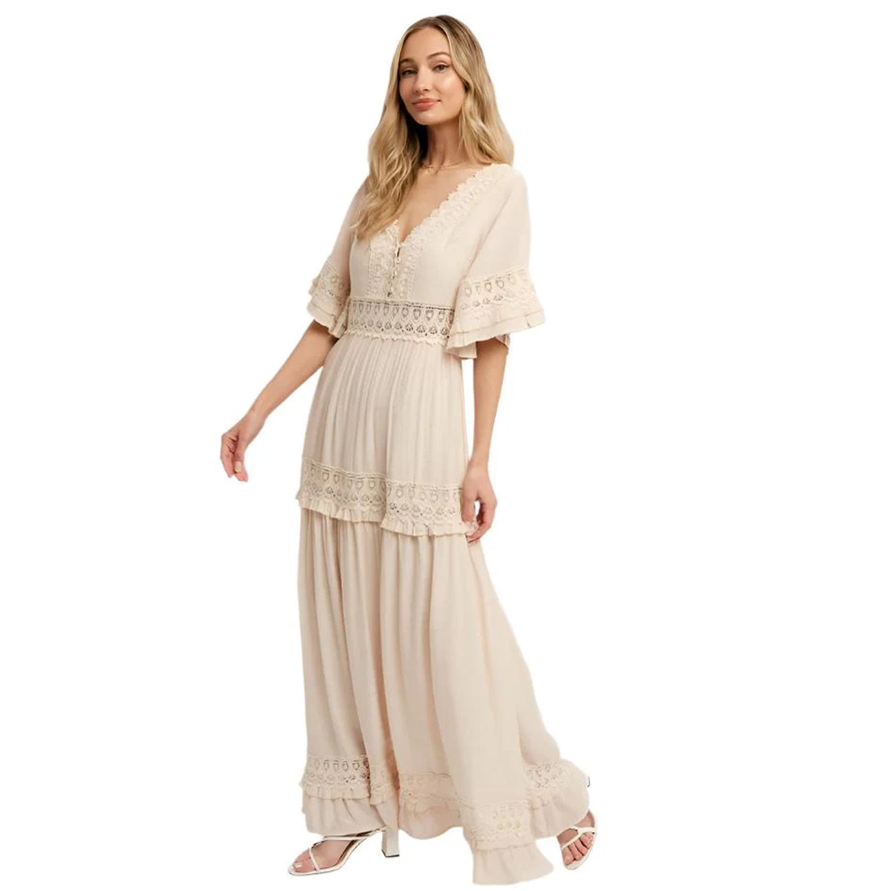 Flowing ethereal dreamy ELEGANT CREAM COLORED V-NECK LACE TRIM MAXI DRESS BY BLUIVY