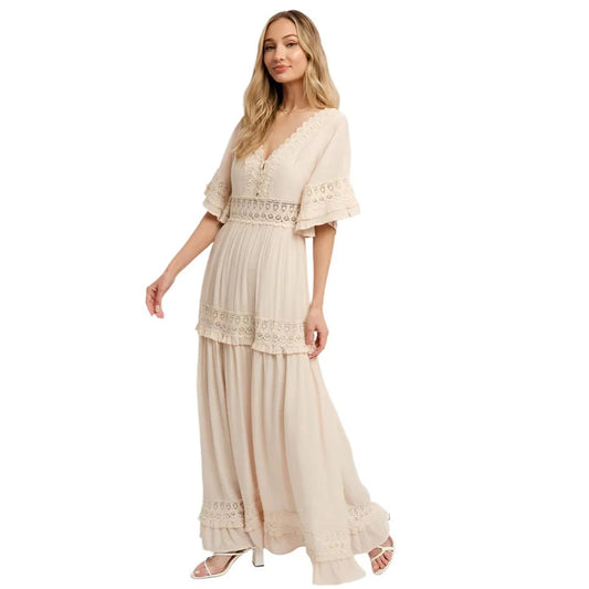 Flowing ethereal dreamy ELEGANT CREAM COLORED V-NECK LACE TRIM MAXI DRESS BY BLUIVY