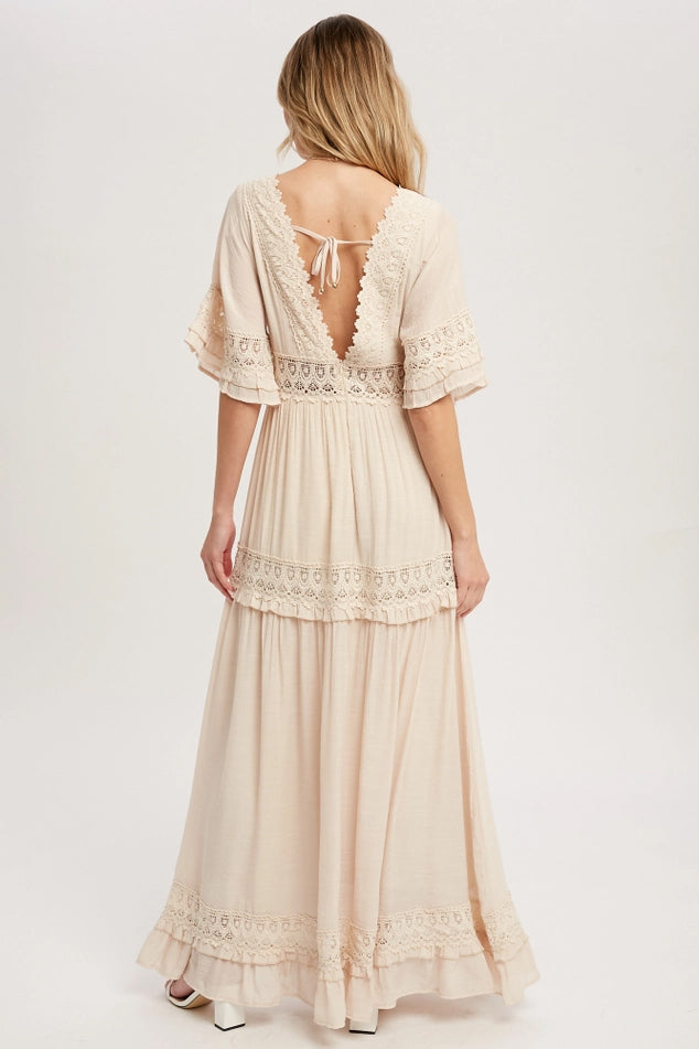 Flowing ethereal dreamy ELEGANT CREAM COLORED V-NECK LACE TRIM MAXI DRESS BY BLUIVY