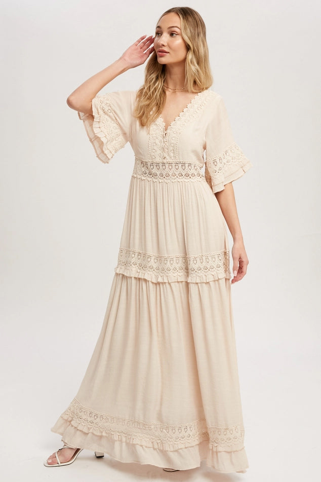 Flowing ethereal dreamy ELEGANT CREAM COLORED V-NECK LACE TRIM MAXI DRESS BY BLUIVY