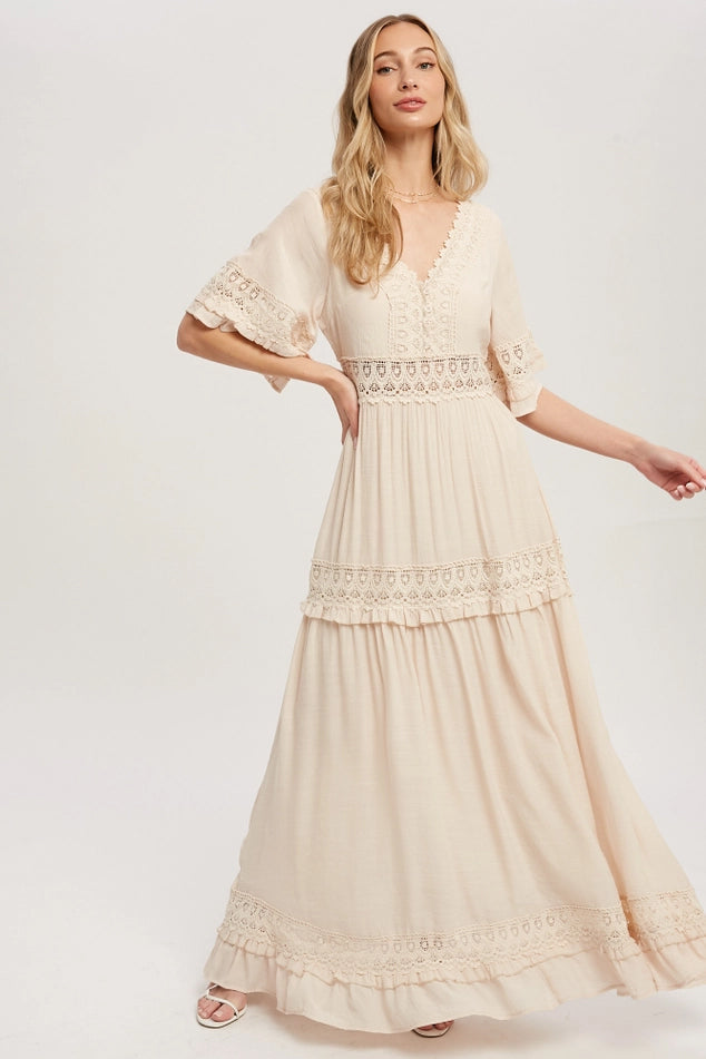 Flowing ethereal dreamy ELEGANT CREAM COLORED V-NECK LACE TRIM MAXI DRESS BY BLUIVY
