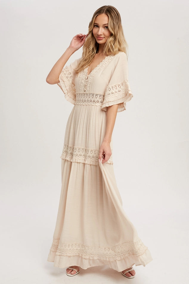 Flowing ethereal dreamy ELEGANT CREAM COLORED V-NECK LACE TRIM MAXI DRESS BY BLUIVY