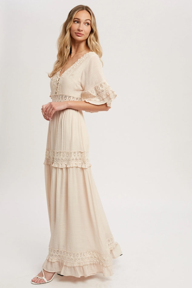 Flowing ethereal dreamy ELEGANT CREAM COLORED V-NECK LACE TRIM MAXI DRESS BY BLUIVY