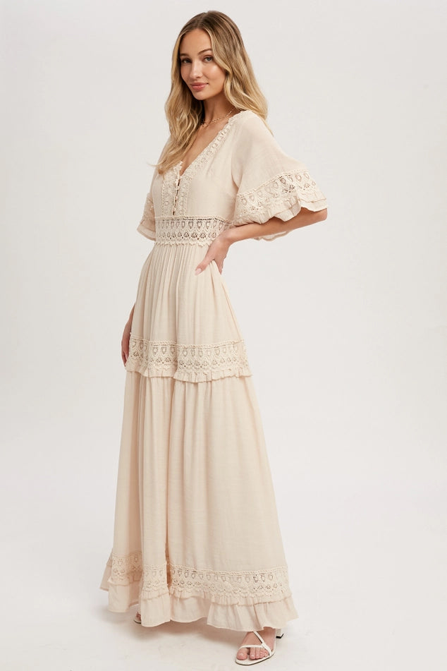 Flowing ethereal dreamy ELEGANT CREAM COLORED V-NECK LACE TRIM MAXI DRESS BY BLUIVY