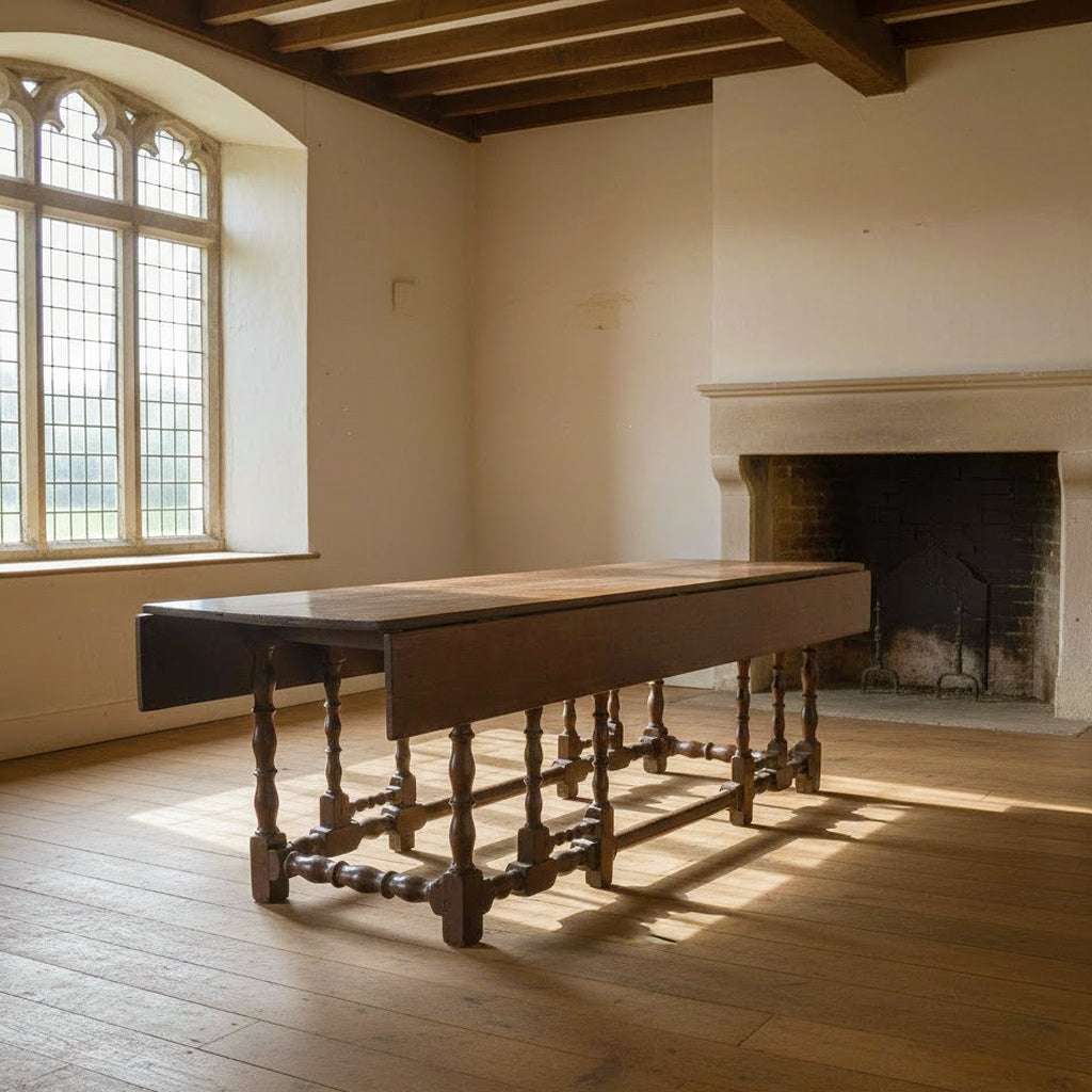 Antique early 1800s English oak drop-leaf gateleg table in a sunlit historic room with stone fireplace