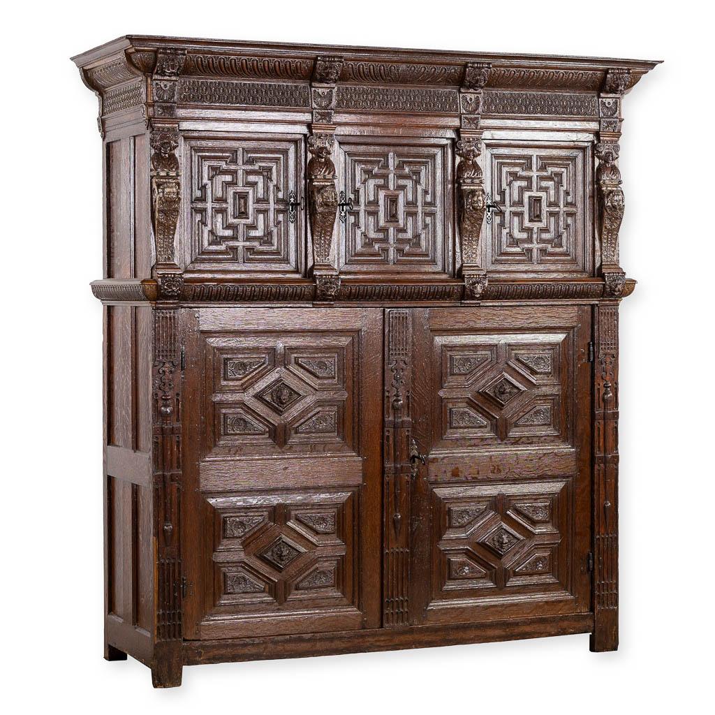 Monumental 17th Century Flemish Oak Cabinet with coffered panels and original iron locks curated by Le Historique