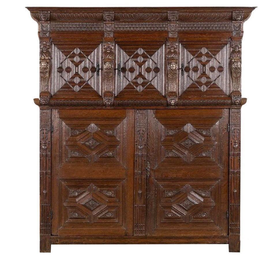 Monumental 17th Century Flemish Oak Cabinet with coffered panels and original iron locks curated by Le Historique