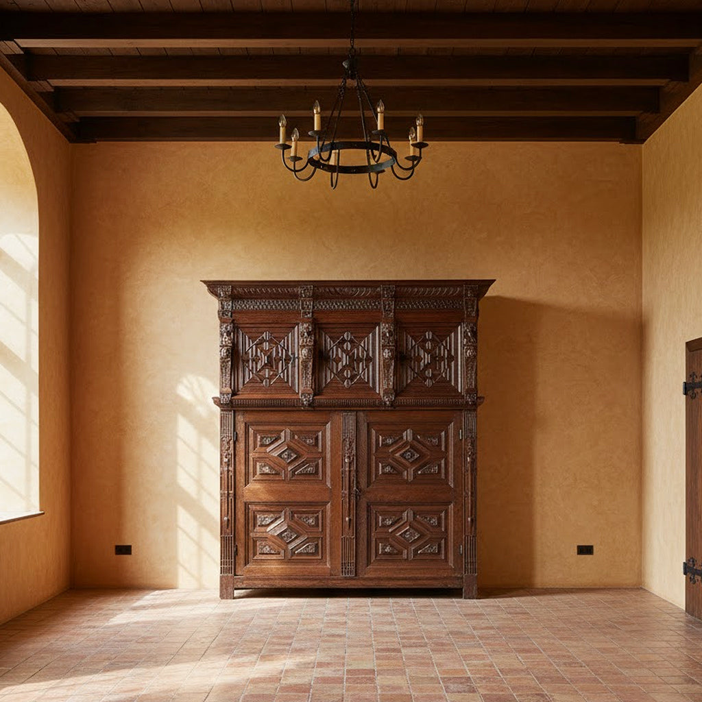 Monumental 17th Century Flemish Oak Cabinet in a warm Santa Fe inspired interior with warm oak and terracotta accents