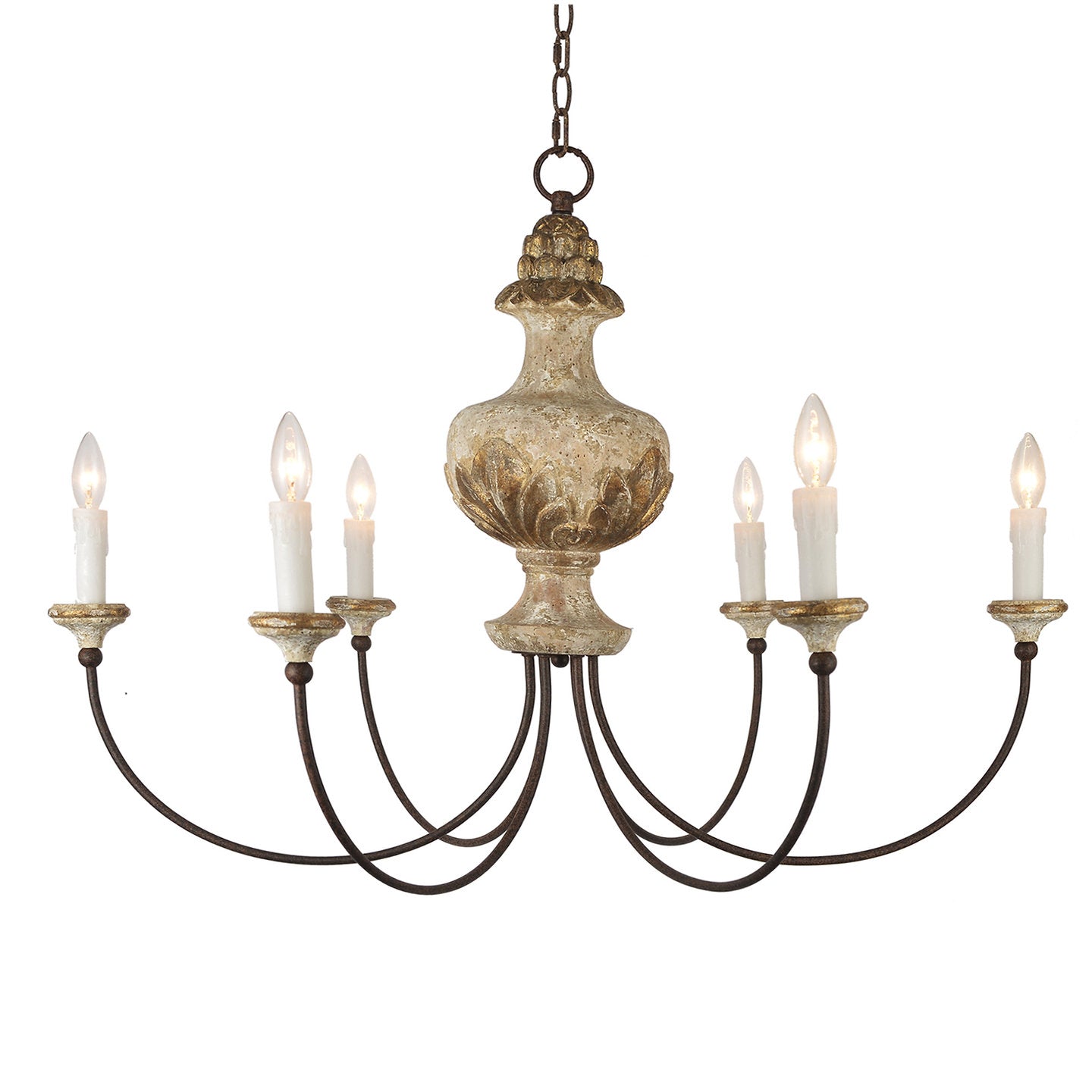 Galiana Chandelier by Terracotta Designs with a rustic wood antique European Flemish inspired design and featuring 6 lights as a chandelier.